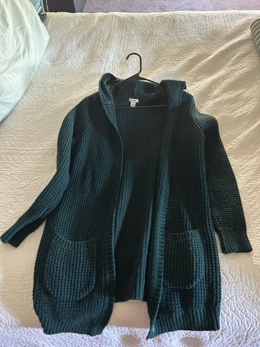 L.L. Bean Dark Green Waffle-Knit Open Cardigan